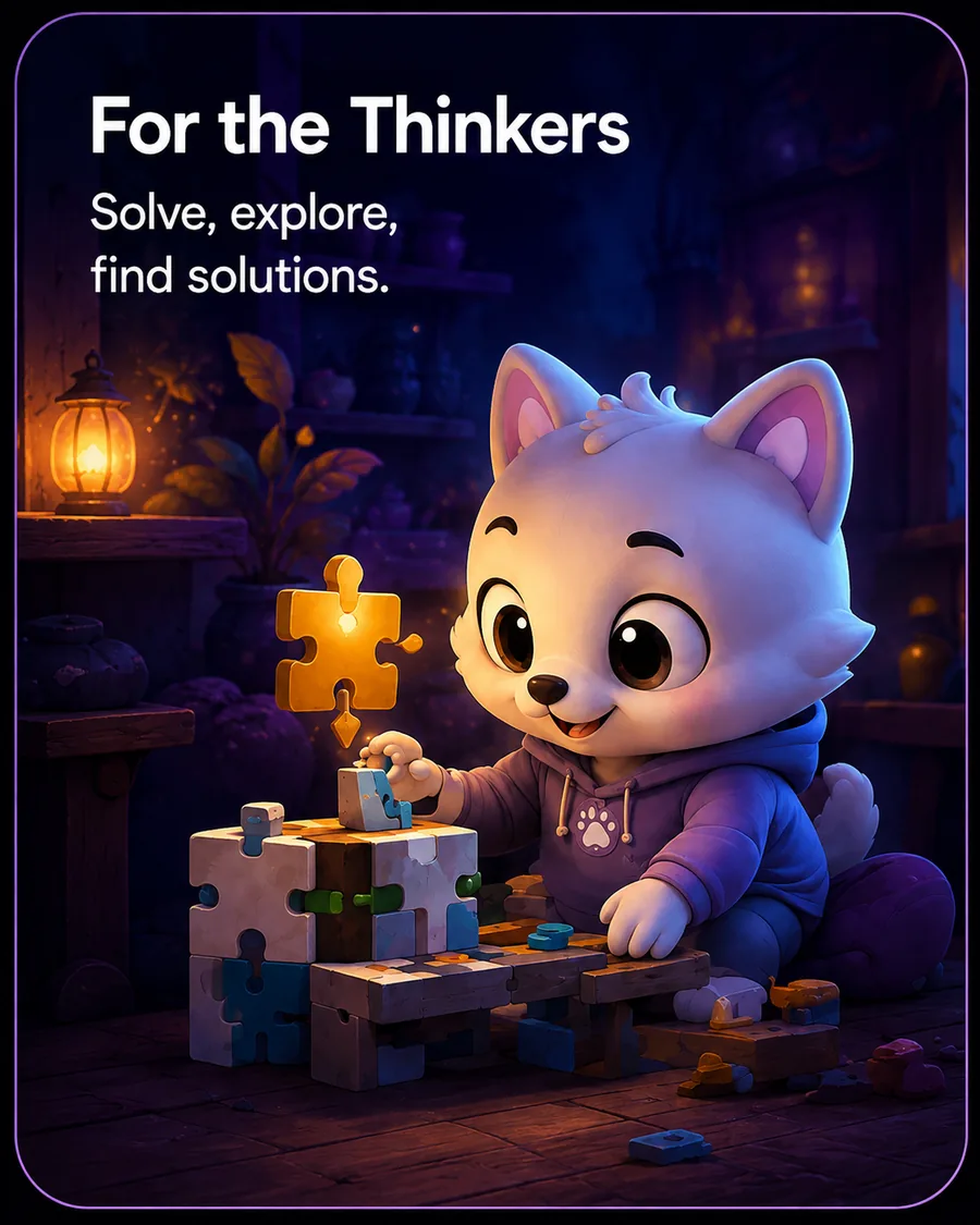 FUMI the mentor cat solving a wooden block puzzle by lantern light.